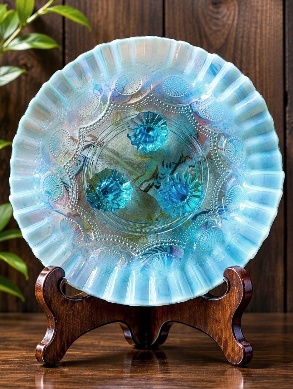 Fenton Vintage Blue Ruffled 3 Legged Footed Fancy Formal Glass Dish Excellent